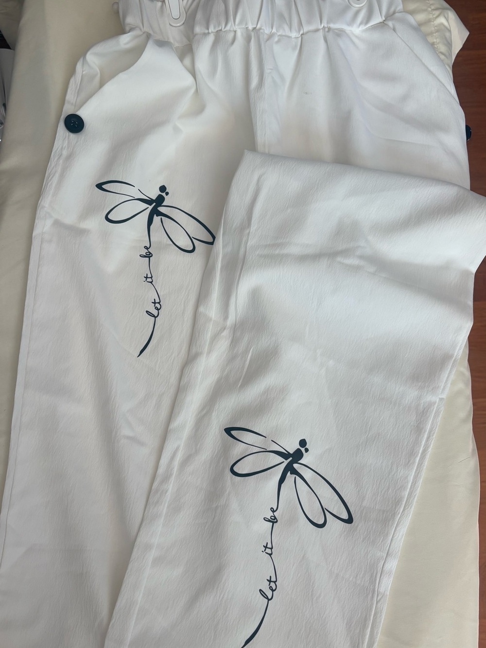 White womens ankle Casual Dragonfly Print Pants